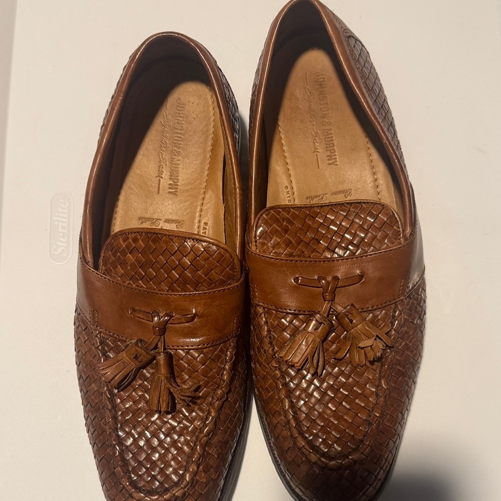 Johnston & Murphy Tan Woven Leather Loafers